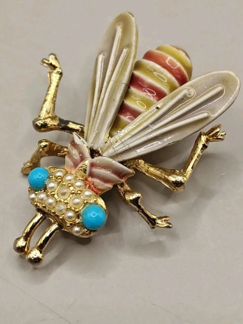 Vtg Bee Bug Flying Insects Enamel Brooch Glass Jelly Belly Lapel Pin Signed CFW